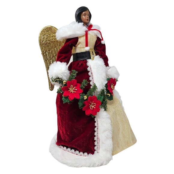 Ethnic Red and Gold Poinsettia Angel Christmas 16" Tree Topper, Holiday Party De - Picture 2 of 6